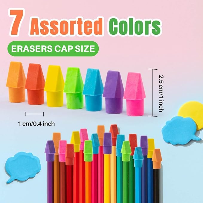 Sukh Cap Erasers for Pencils Pulk - Pencil Top Erasers Cap Erasers Toppers for Latex Free Assorted Colors School Supplies for Teachers Classroom Home and Office (Pack of 100)
