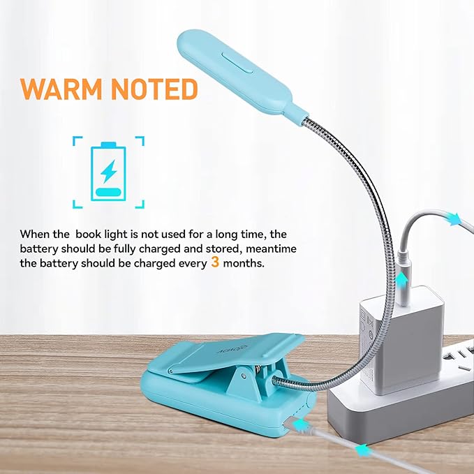 VAVOFO Rechargeable Book Light, Blue Light Blocking, Amber 1600K Clip On Reading Light, Eye Care 7 LEDs Kids Book Light for Reading in Bed with Power Indicator for Bookworms (Mint Blue)