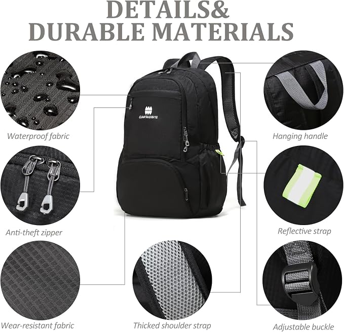 Lightweight Packable Travel Backpack, 30L Black Daypack Hiking Backpack for Women Men, Waterproof and Foldable, Travel Backpack Carry on Flight Approved