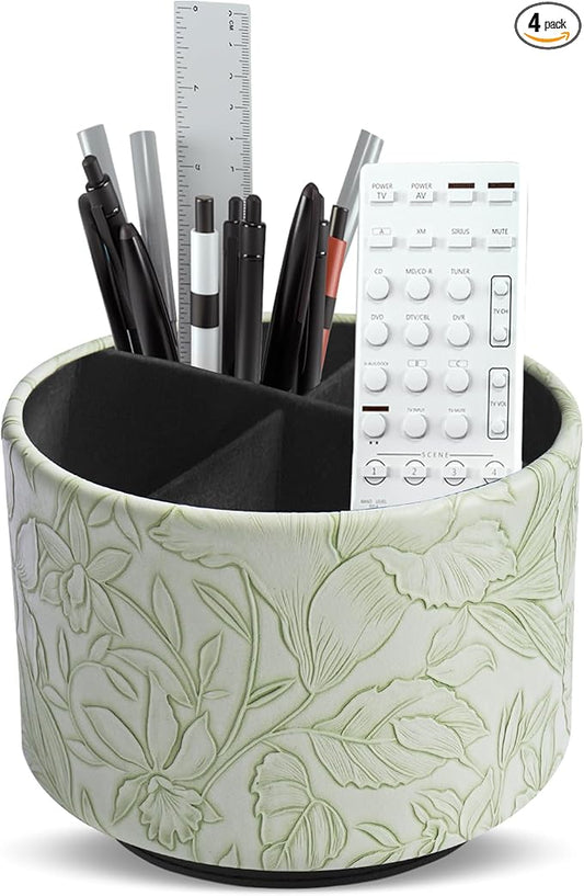 Round Leather Art Supply Organizer,Remote Control Holder,360 Degree Spinning,Multi-Functional Pencil Holder,4 Compartments Desktop Stationary Organizer(1-Carved Green)