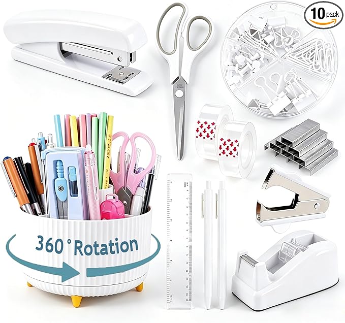 Gawsey Desk Organizers and Accessories Set with 360-Degree Rotating Pen Holder, Tape Dispenser, Stapler, Staple Remover, 1000 Staples, Tape, Clips Set, Ruler, Scissor, Pen (White)