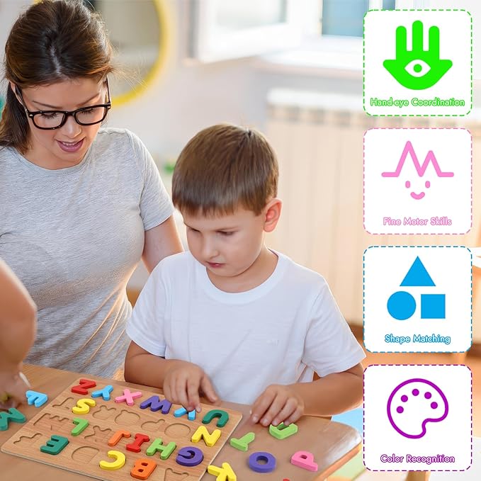 Alphabet Puzzle, Wooden Puzzles for Toddlers 3 4 5 Year Old, ABC Letter Puzzle, Educational Learning Toys for Kids Girls Boys Preschool Activities