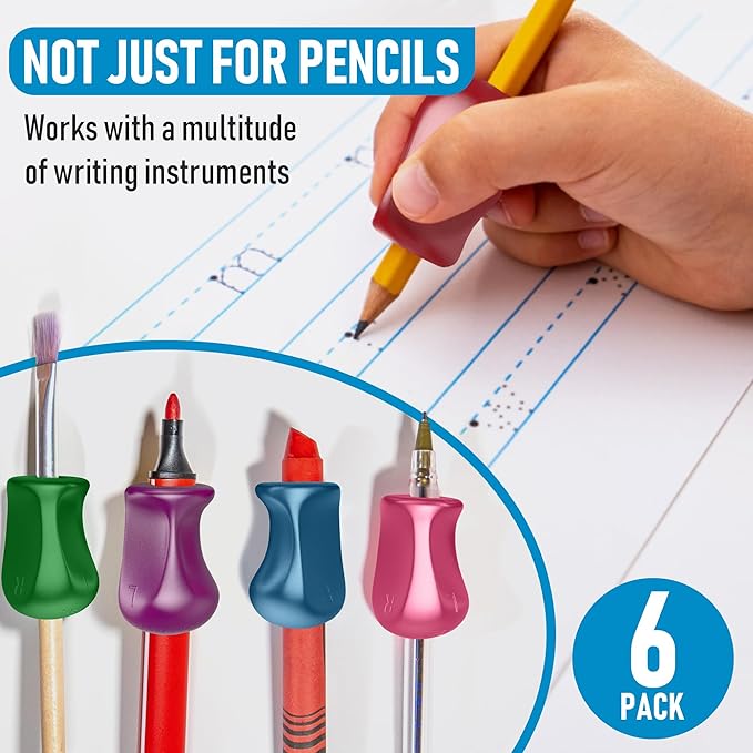 The Pencil Grip Metallic Grippers 6-Pack, Pencil Grips for Kids Handwriting, Ergonomic Pen Holder for Righties & Lefties, Writing Practice for Kids, Toddlers, Adults, Writing Tool with Finger Cushion