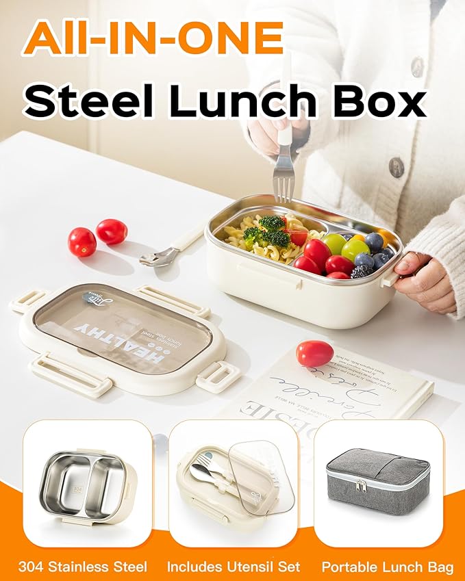 Lille Home 28oz Stainless Steel Leakproof 2-Compartment Bento Lunch Box/Portion Control Food Container with Lunch Bag and Cutlery Set, BPA Free (Beige)
