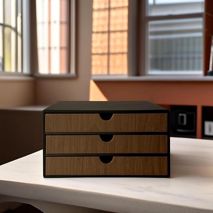 UnionBasic Document Organizer, 3-Drawer File Cabinet Document Storage Box, Office Desktop Filing Organizer, Black with Wood Grain Drawers