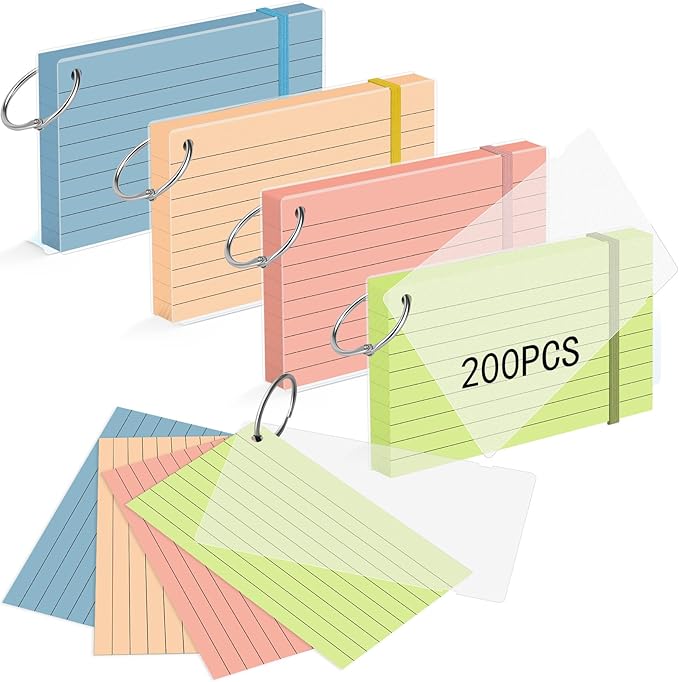 HAUTOCO 200 PCS Colored Flash Cards 3x5 with Rings, Ruled Index Cards with Waterproof Dividers, 4 Colors Study Notecards for Students, Teachers, Exam Prep, Office