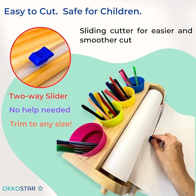Wooden Tabletop Paper Roll Dispenser with Safety Sliding Cutter - Kids Art Easel with Roll of Paper (11.4”x 98.4ft)- Pencil Cups and Drawing Kit 30 Piece Set (Safety Sliding Cutter)