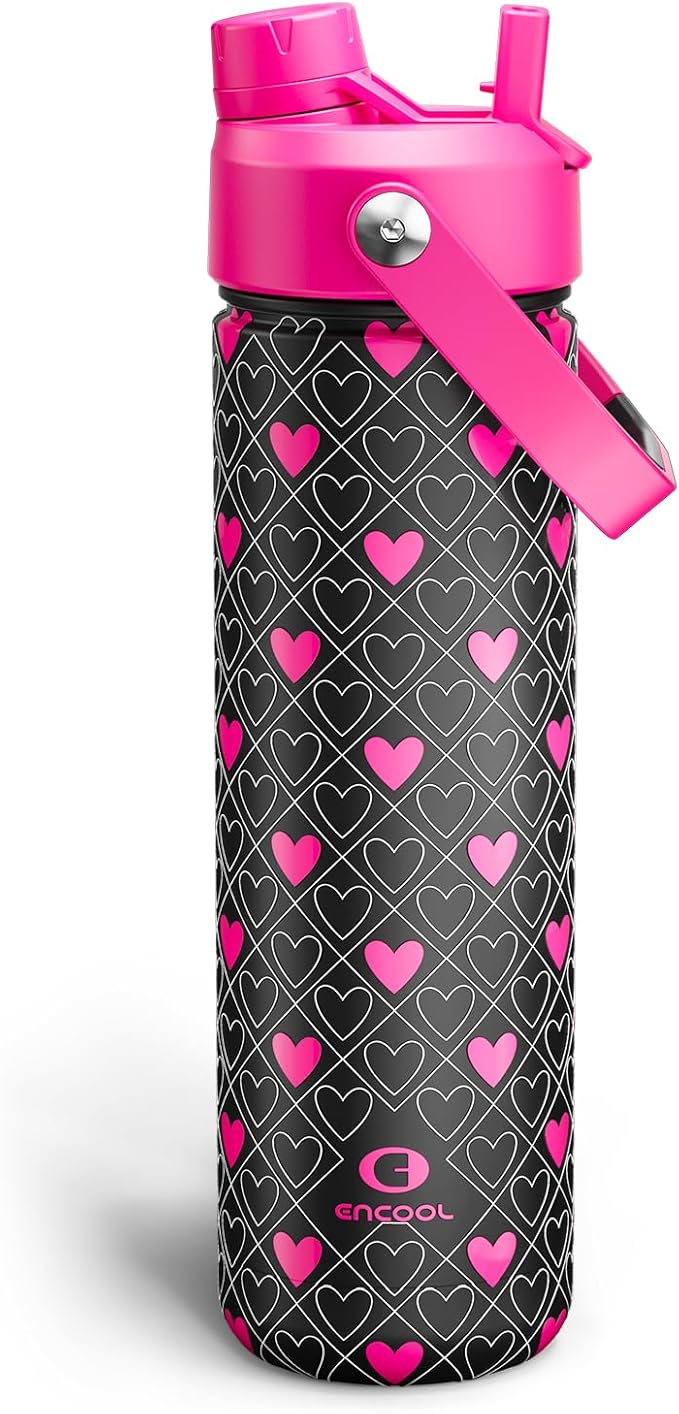 ENCOOL Insulated Water Bottle with Straw Stainless Steel Water Bottle, Leak-Proof, BPA-Free, Keeps Cold for 24 Hours for Sports, Travel, School (26 oz, Bold Hearts Ember x Black)