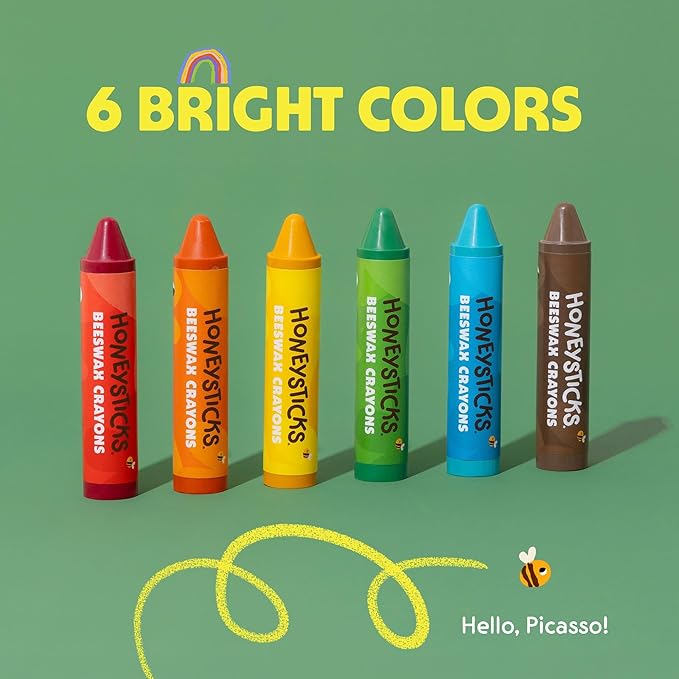 Honeysticks Super Jumbo Crayons (6 Pack) - 100% Pure Beeswax, Non Toxic Crayons for Toddlers 1-3, Extra Large Crayon Size, Easy to Hold and Use, Unbreakable Toddler Crayon, Eco-Friendly