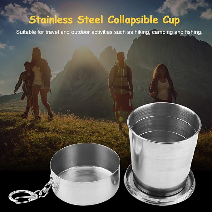 Tiiyee Stainless Steel Collapsible Cup, Folding Camping Cup Portable Shot Glass Foldable Drinking Cup Drinkware with Lid and Keychain for Outdoor Travel Picnic Fishing Hiking Cycling Water, 250ml