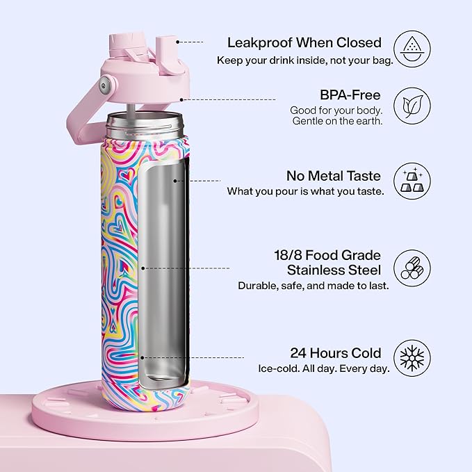 ENCOOL Insulated Water Bottle with Straw Stainless Steel Water Bottle, Leak-Proof, BPA-Free, Double Wall Vacuum Keeps Cold for 24 Hours for Sports, Travel, School (26 oz, Heart Swirl Pink)