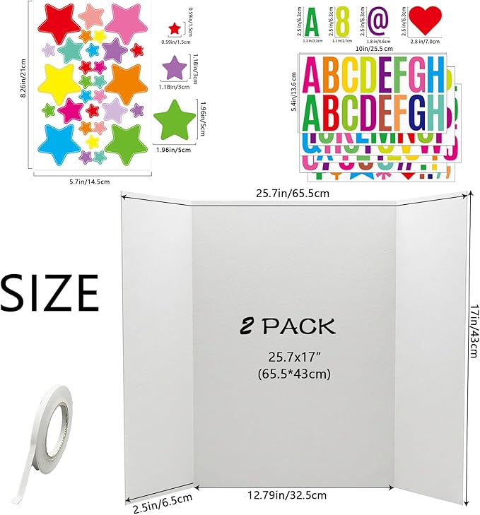 Tri-Fold Poster Boards, 25.7x17 Inch, Corrugated, 2-Pack, for School Projects and Exhibitions, with Double-Sided Tape and Colorful Stickers