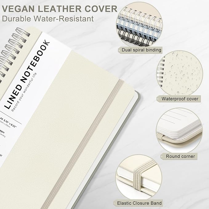 ABERLLS Lined Spiral Journal Notebook with 160 Pages, 8×5.7in, A5 Spiral Notebook, Journaling Notebooks for Work, School, Women, Men, College Ruled Spiral Notebook, Hardcover Leather Journals, Beige