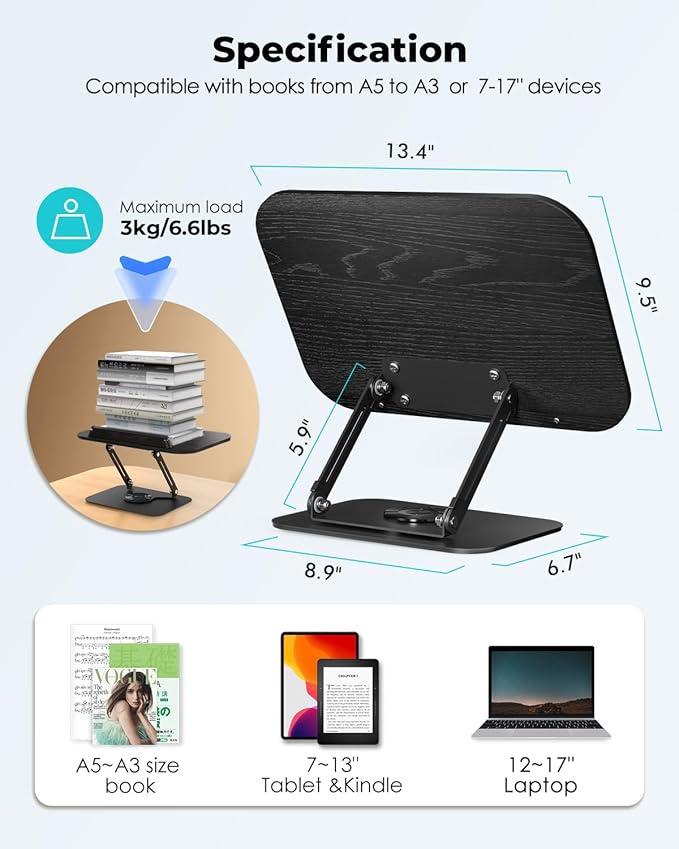 Viozon Book Stand for Reading,Book Holder, Height&Angle Adjustable, 360° Rotating Base, Foldable and Portable, Lightweight for Office, Kitchen, School Textbook, Recipe, Magazine,Kindle,Table B