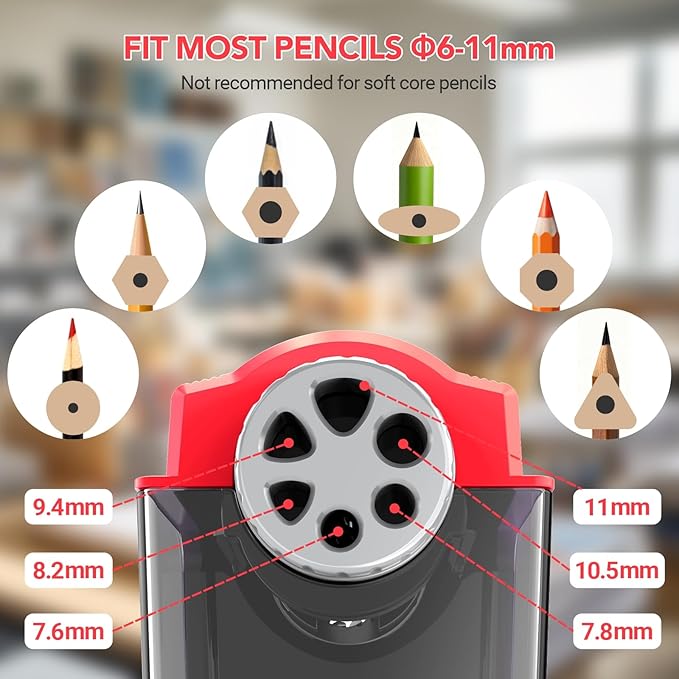 AFMAT Electric Pencil Sharpener Heavy Duty, 6 Holes, Cordless & Rechargeable, Super Fast, Auto Stop, 10K+ Uses, Classroom Pencil Sharpener for 6-11mm No.2/Large/Colored Pencils PSD4(Red)