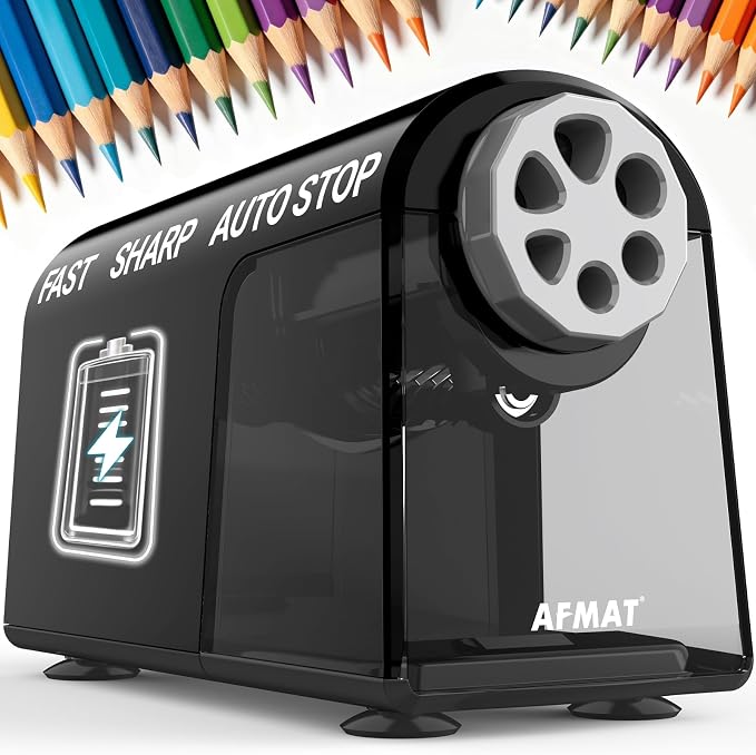 AFMAT Electric Pencil Sharpener for Classroom, 6 Holes, Cordless & Rechargeable, Fast Sharpen, Auto Stop, 10K+ Uses, Heavy Duty Pencil Sharpener for 6-11mm No.2/Large/Colored Pencils PSD2(Black)