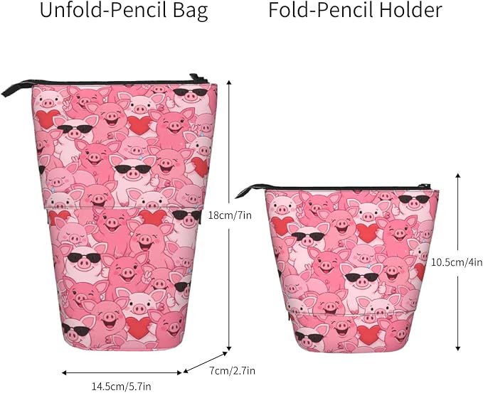 Funny Pink Pig Standing Pencil Case Cute Telescopic Stationary Pouch with Zipper Large Capacity Stand up Pen Bag Portable Makeup Holder for School Office Supplies