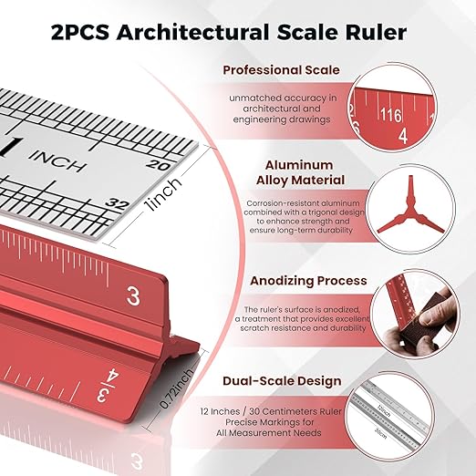 2 Pcs Architectural Scale Ruler 12 Inch, Aluminum Architect Ruler & Metal Ruler Set, Imperial Engineer Scale for Blueprints, Drafting Ruler for Architects, Students, Draftsmen, and Engineers (Red)