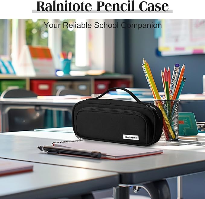 Ralnitote Large Pencil Case for Girls and Boys, Aesthetic Pencil Case Organizer with Handle, Cute Pencil Pouch for School & Office Supplies-Black