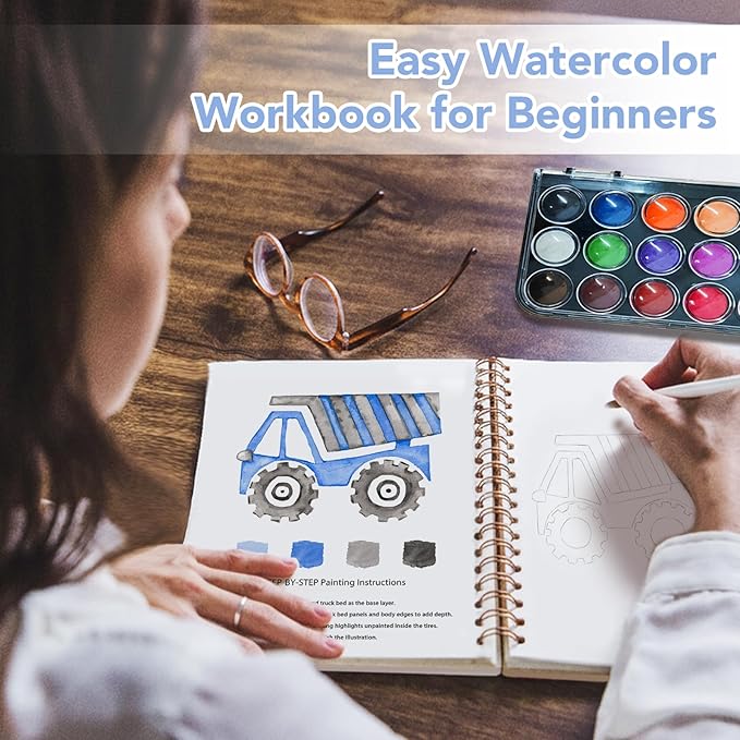 Easy Watercolor Workbook for Beginners - 12 Beautiful Step-by-Step Paintings Water Coloring Book, Includes 18 Colors Paints, Relaxing Art Projects and Creative Gift for Adults (Construction Vehicles)