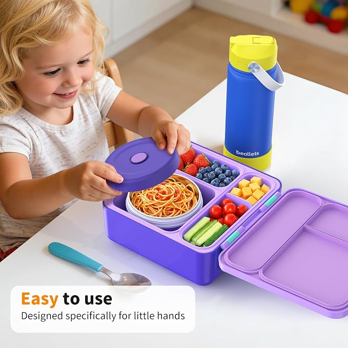 Bento Box for Kids, Lunch Box with Sticker for School | DIY Sticker Fun, Quick Lunch Packing, 4-Compartment Design, Insulated Food Jar, BPA-Free, Leak-Proof