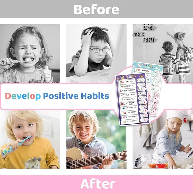 Upgraded 2 in 1 Bedtime/Morning Routine Chart - Magnetic Chore Chart, Cute Visual Schedule Board, Dry Erase Checklist for Kids & Toddlers