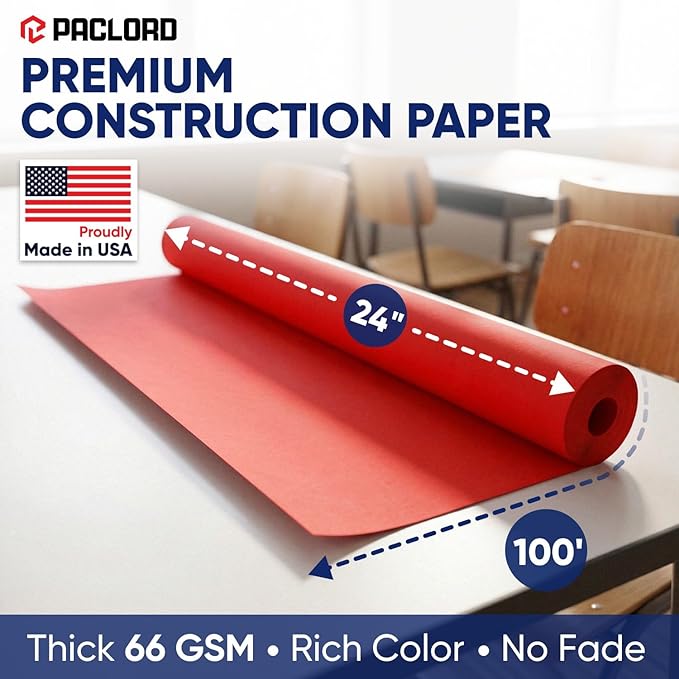 Red Construction Paper Roll 24" x 100 ft – Made in USA – 24" Bulletin Board Paper for Classroom & School, Teachers & Kids