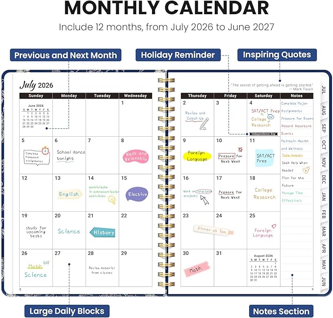Planner 2026-2027, Academic Planner Weekly and Monthly, Jul 2026 - Jun 2027, Spiral Bound School Planning Tool with Tabs and Pocket, Perfect for Students & Teacher, 6.3" x 8.5", Midnight Flight
