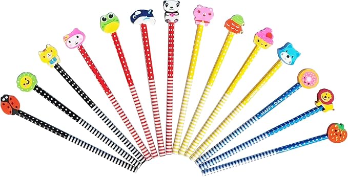 28PCS Assorted Cartoon Stripe Colored Wooden Pencils with Fruit Animal Top Pencil Erasers for Kids School Supplies and Children Prize Gifts, 28 Count (Pack of 1)