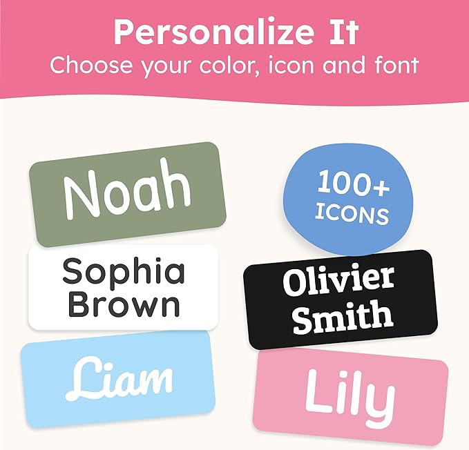 Personalized Name Labels for Kids (70 Labels) - Durable & Waterproof Custom Name Stickers for Clothing Tags, School Supplies, Camp & Daycare - Solid Colors (1.2”x0.5”)