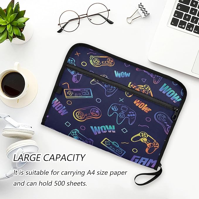 Game Controller Seamless 13 Pocket File Organizer Expanding File Folder with Front Pouch Portable Business File Storage Document Organizer Folder with Zipper