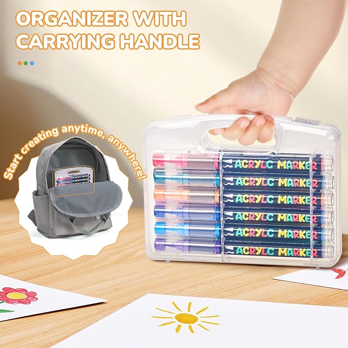 JoyCat Acrylic Paint Marker 12 Color - Intelligent Ink Control System, Brush Tip for Rock Painting, Ceramic, Wood, Canvas & Multi-Surfaces | Quick-Drying, Non-Toxic, Kid-Safe |Ideal Craft Gifts
