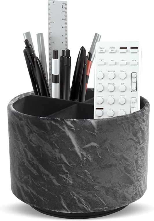 Round Leather Art Supply Organizer,Remote Control Holder,360 Degree Spinning,Multi-Functional Pencil Holder,4 Compartments Desktop Stationary Organizer(1-Hill Black)