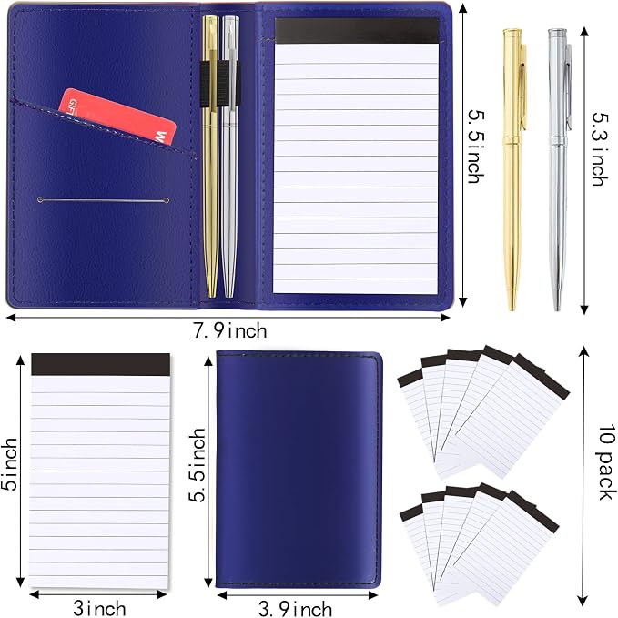 13 Pieces Mini Pocket Notepad Set,Included Leather Pocket Note pad Holder,10 Pack 3×5 Inch Small Notebook Refills,Writing Pads with 30 Lined Paper Per,2 Metal Ballpoint pens,Pocket Notebook(Navy Blue)