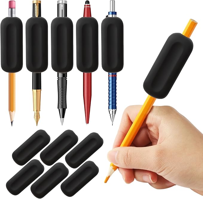 QOUBAI 6 Pcs Silicone Weighted Pencil Grips for Kids Adults Handwriting Aid Improve Penmanship with Autism ADHD Dyspraxia Fine Motor Skills Writing Posture Correction Tools for Classroom (Black)