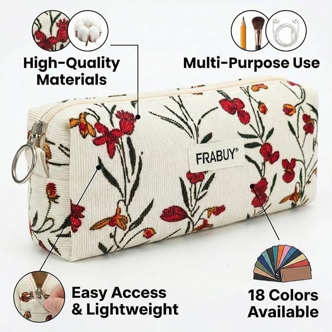 Soft Corduroy Pencil Case Pen Pouch Organizer, Small Stationery Bag | Cute begie wind flower pencil pouch, smooth zipper, daily cosmetics holder, compact organizer for school teen girls, women