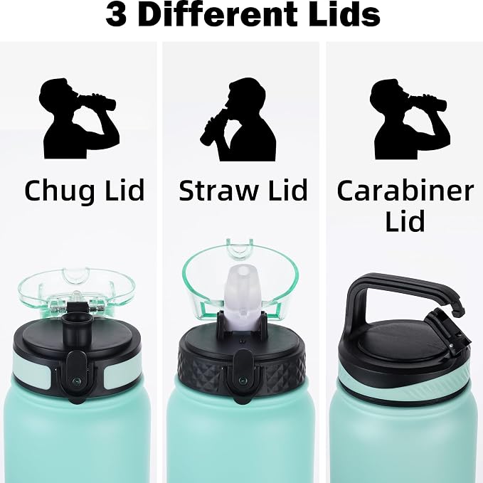 Oldley Insulated Water Bottle 32 oz Stainless Steel with Straw Lid/Chug Lid, Double Wall Vacuum Wide Mouth Sweat/Leak-Proof for Sports Gym Travel Camping (Caribbean Blue)