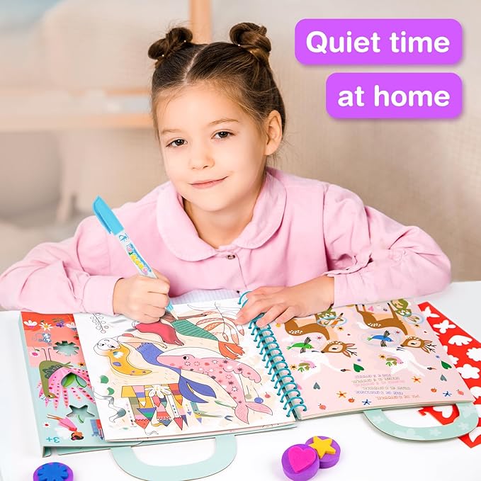 Water Coloring Books for Toddlers 3-5 Years,Mess-Free Painting Water-Reveal Coloring Book, Portable Magic Water Art Pad, Reusable Travel Toys for Road Trips Airplanes, Educational 4 in 1 Creative Set