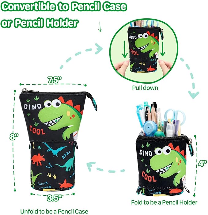 Standing Pencil Case for Boys - Telescopic Kawaii Pencil Pouch for Kids, Big Capacity Stand Up Stationery Pouch for School Students, Black Dinosaur
