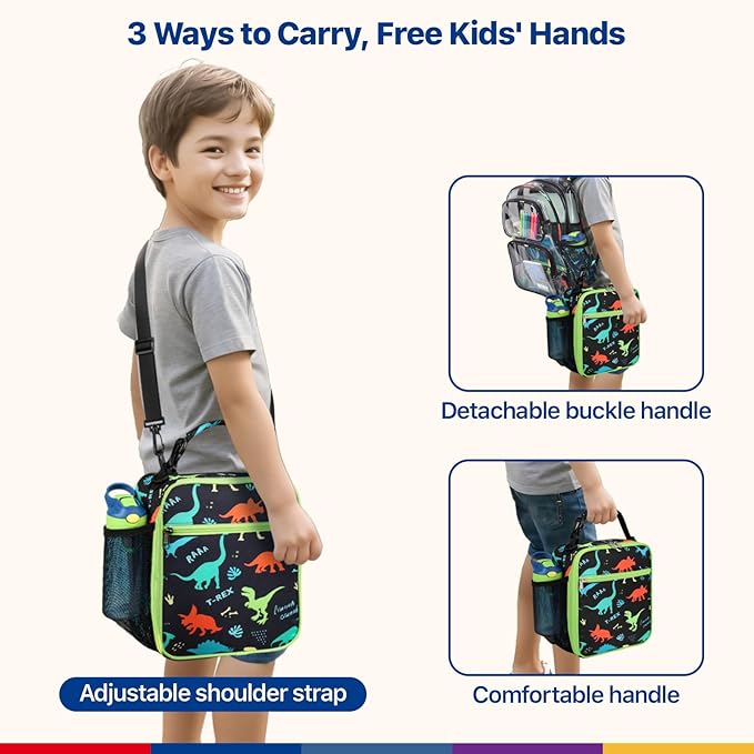 Bagseri Kids Lunch Bag with Shoulder Strap - Insulated Crossbody Boys Lunch Box for School & Travel, Reusable Large Meal Tote with Bottle Holder, Fits Bento Box, Black Dinosaur