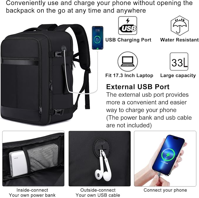 Large Travel Backpack for Men,Airplane Approved Carry On Backpack Suitcase with Shoe Pouch, Luggage Bag TSA 17.3inch Laptop Mochila Flight Approved Casual Daypack Bookbag Travel Essentials,Black