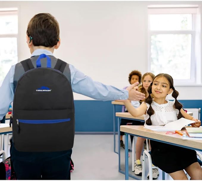 Trail maker 24 Pack- Classic 17 Inch Backpacks in Bulk Wholesale Back Packs for Boys and Girls (Black Color Trim Pack)