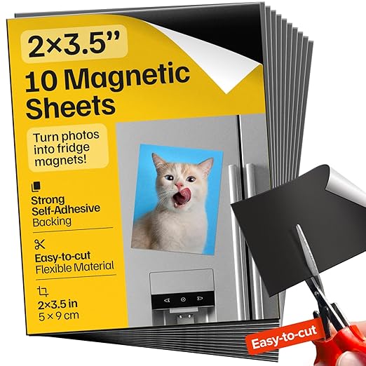 Strong Self-Stick Adhesive Magnetic Sheets 10 Pcs (2x3.5"/5x9cm) – Customizable Magnetic Paper for Photo, Magnet Stickers, Labels, Crafts; for Fridge, Lockers, Whiteboards, Office, Projects