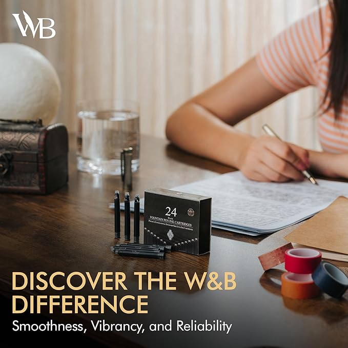 Wordsworth & Black 24 Pack Fountain Pen Ink Refills - Set of 24 Black Ink Cartridges - International Standard Size - Length APPR 2.3" - Base Diameter APPR 0.24" - Disposable and Generic