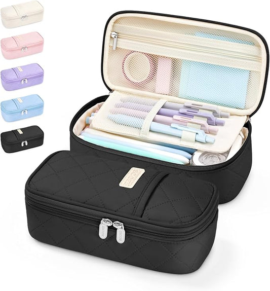 Sooez Cute Pencil Case, Soft Quilted Pencil Pouch, Large Pen Pencil Bag | Zipper Pen Case, Aesthetic Pen Pouch, Colored Stationery Storage & Organizer, School Supplies for Teen Girl Students, Black