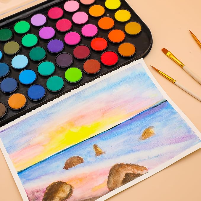 Artecho 48 Colors Watercolor Paint Set, Portable Travel Watercolor Cake Kit with 3 Brushes, Easy-Clean Washable Paint for Card Making, Illustrations, Painting, Calligraphy