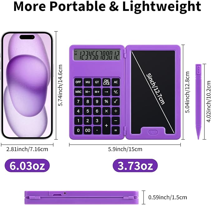 Desk Portable Basic Calculator, Small Mini Calculators with Writing Notepad and Stylus, More Lightweight and Portable, 12Digit Large Display Multi-Function for Office, Home & Financial (Purple)