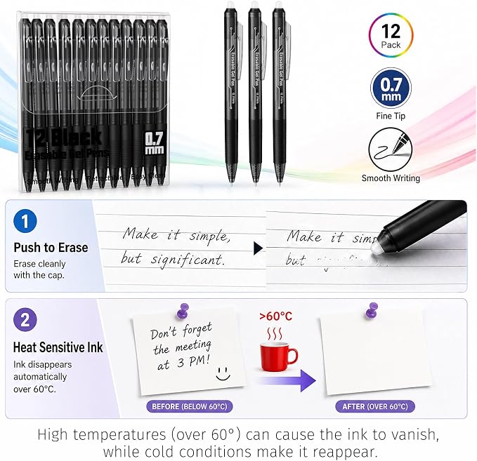 sunacme Retractable Erasable Gel Pens, 12 Solid Black Fine Point Erasable Pens Clicker, Make Mistakes Disappear, Perfect for Drawing, Writing, Planner & Crossword Puzzles (0.7mm, Pack of 12)