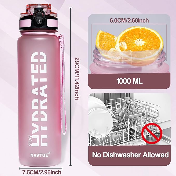 Water Bottle, 32oz Sports Water Bottles with Time Marker Wide Mouth, Motivational and Leakproof Drink Bottle, BPA Free Tritan with Carry Strap for Gym Fitness Outdoor (1 Bottle)