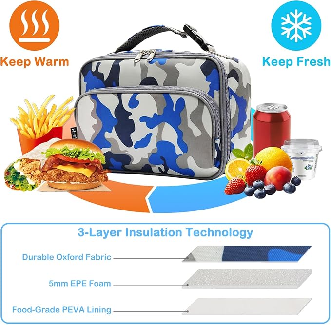 FlowFly Kids Lunch box Insulated Soft Bag Mini Cooler Back to School Thermal Meal Tote Kit for Girls, Boys,Blue Camo